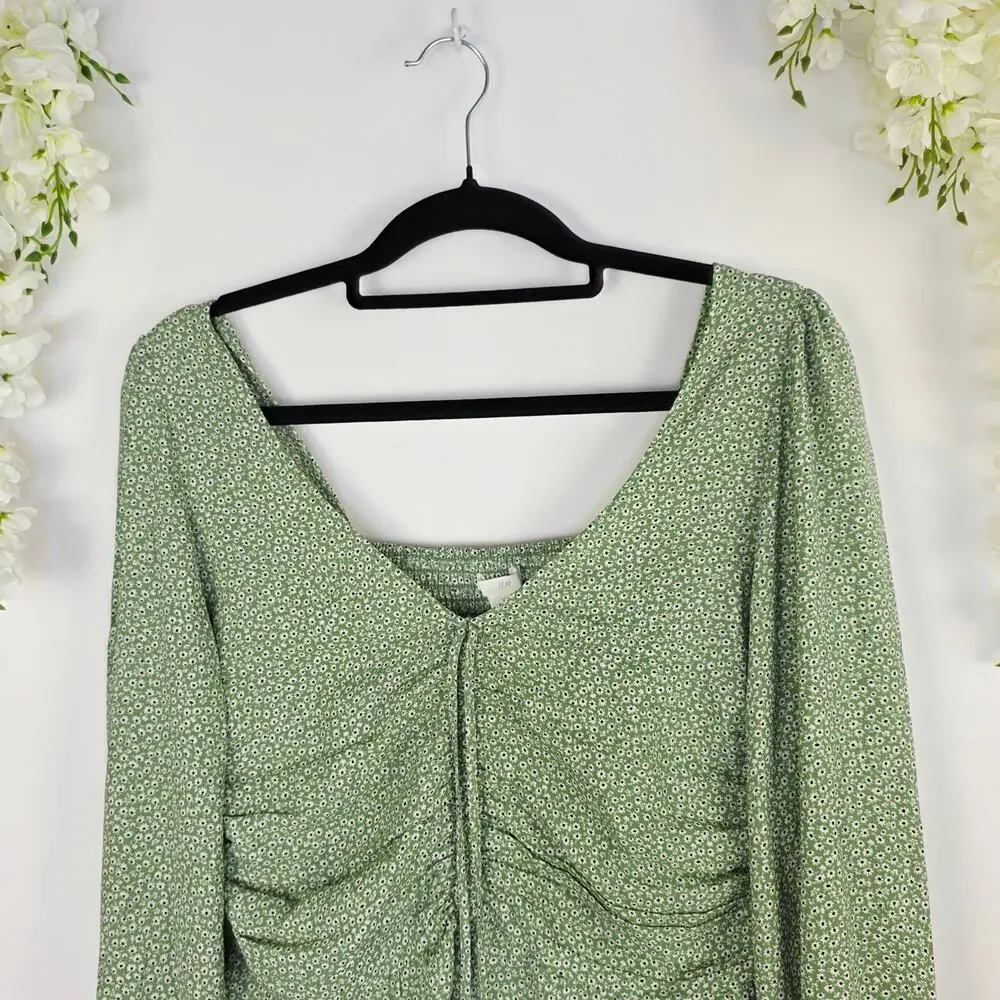 H&M Crop Top Medium Green Floral Ruched Tie Fairy Smocked Cottagecore Boho